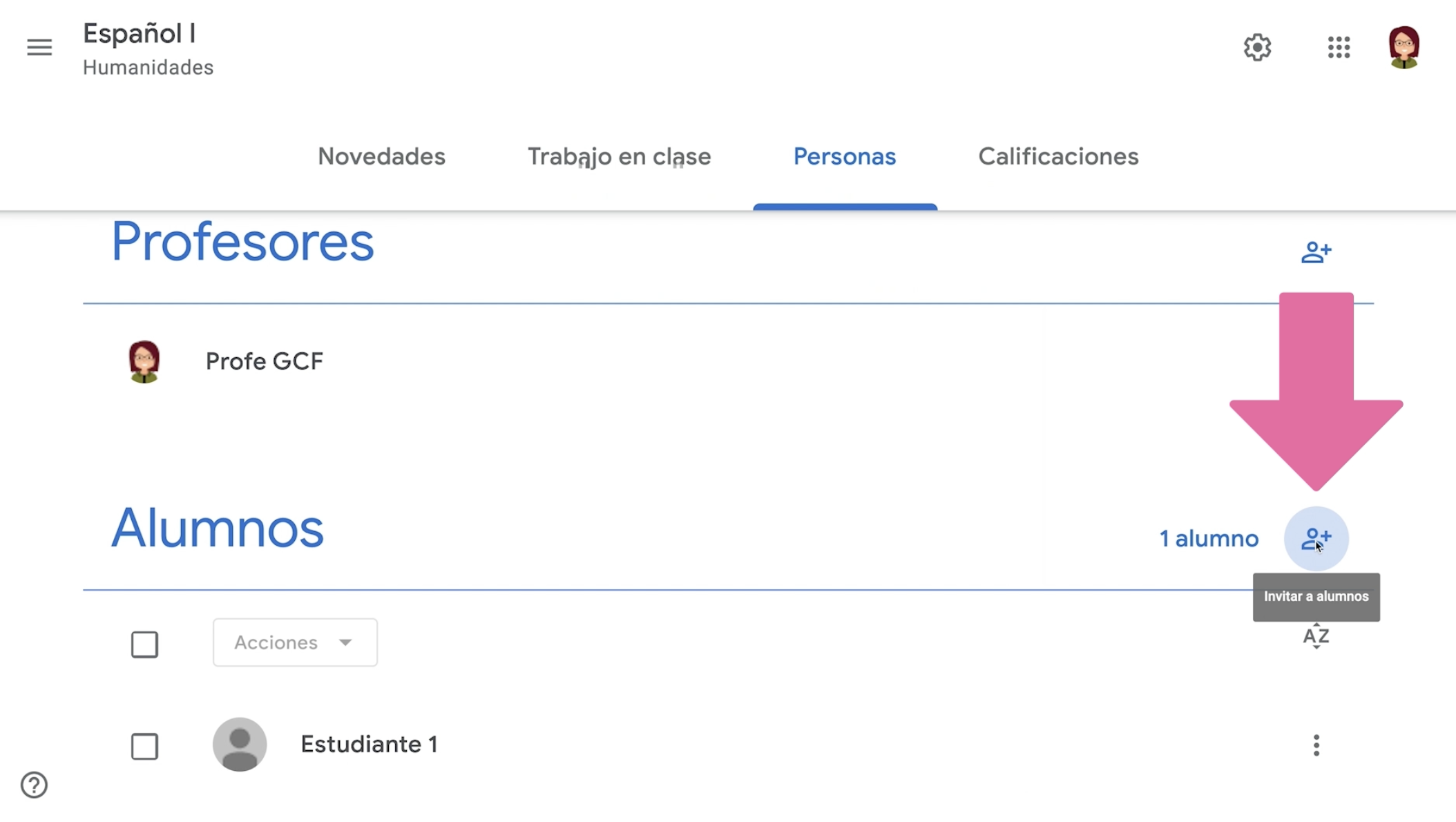 Hacer clic en botón Agregar Personas para añadir participante a clase en Google Classroom.